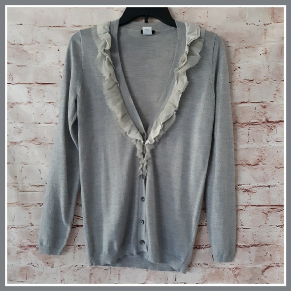 J Crew Gray Thin Knit Ruffle Cardigan Sweater - Picture 1 of 6